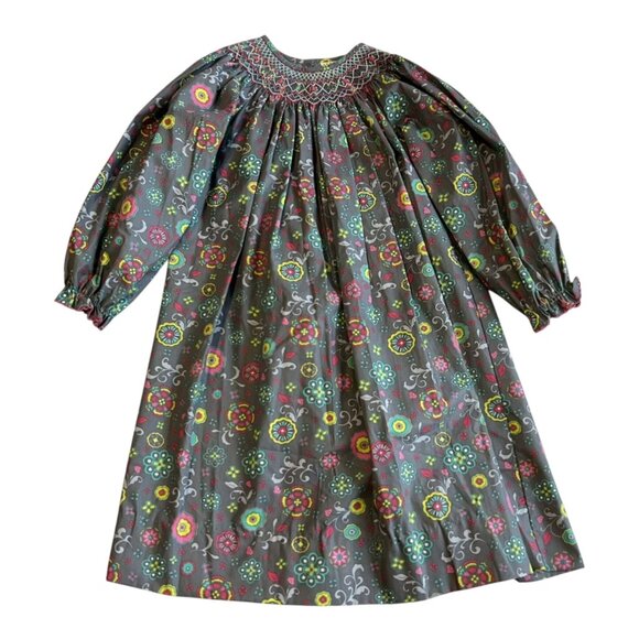 Le Za Me Smocked Bishop Dress Girls Grey Floral Multicolor Half Sleeve Size 6X - Picture 1 of 8